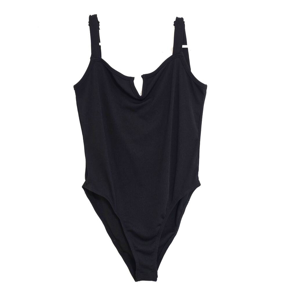 Cider Ribbed Square Notch Neck Bodysuit Black Size Medium